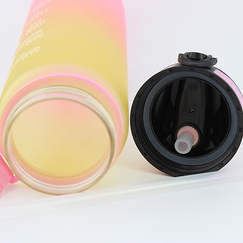 Miniatura 9 de Botella de agua deportiva de 32 onzas con marcador de tiempo y popote, cita motivacional y líneas de medición, a prueba de fugas y sin BPA (botella