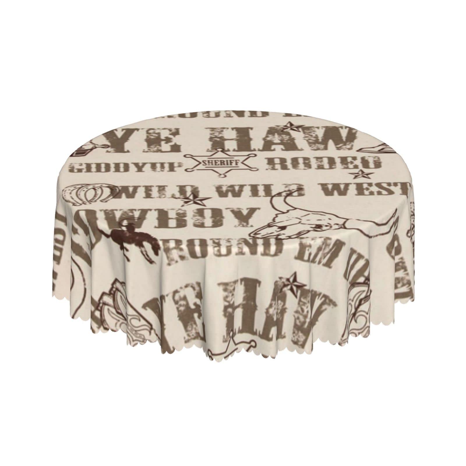 Lsjuee Cowboy Bull Skull Beige Round Tablecloth 60 Inch Printed Washable Tablecloth for Dining Party Holiday Fall Home Decorative