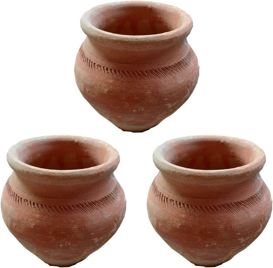 Earthen Clay Mud Pots for Kheer Curd (500 ml, Set of 3) - Real Mitti Kalash Mini Matka Brown