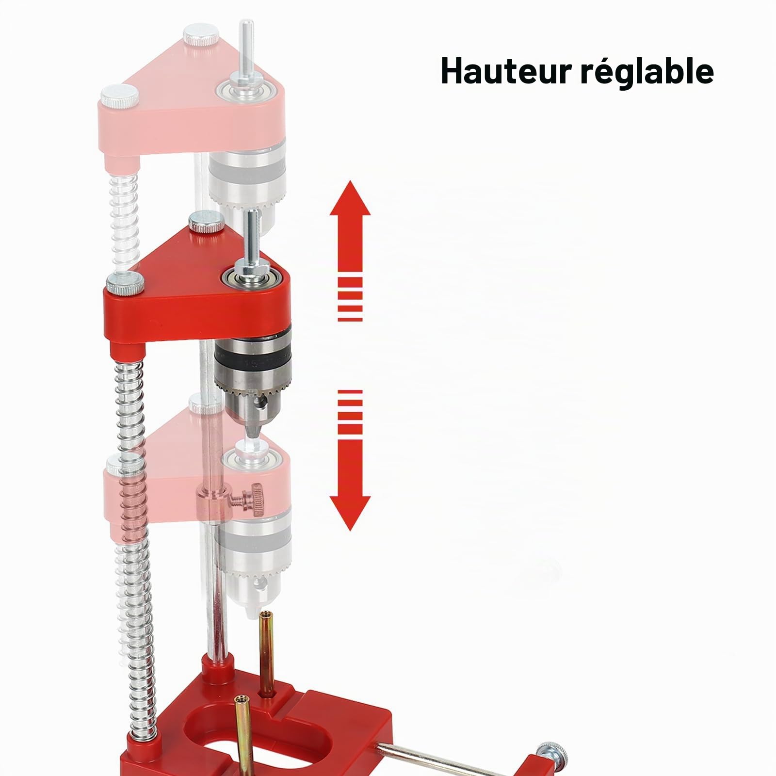 Support de perçage pour perceuse, gabarit de perçage réglable portable, outil de précision pour travail du bois, ensemble d’outils de guidage manuels verticaux (Rouge)