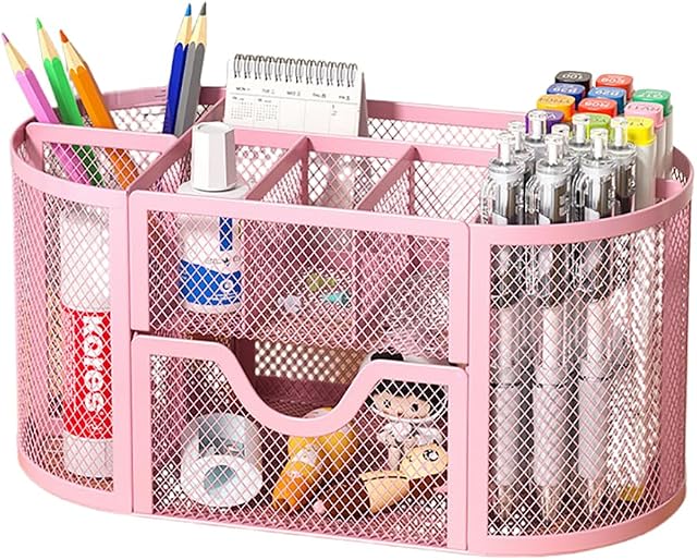 Organisateur de bureau en mailles, support de stylo rose et organisateur de bureau avec compartiments, organisateurs de tiroirs de bureau et accessoires pour l'école de bureau