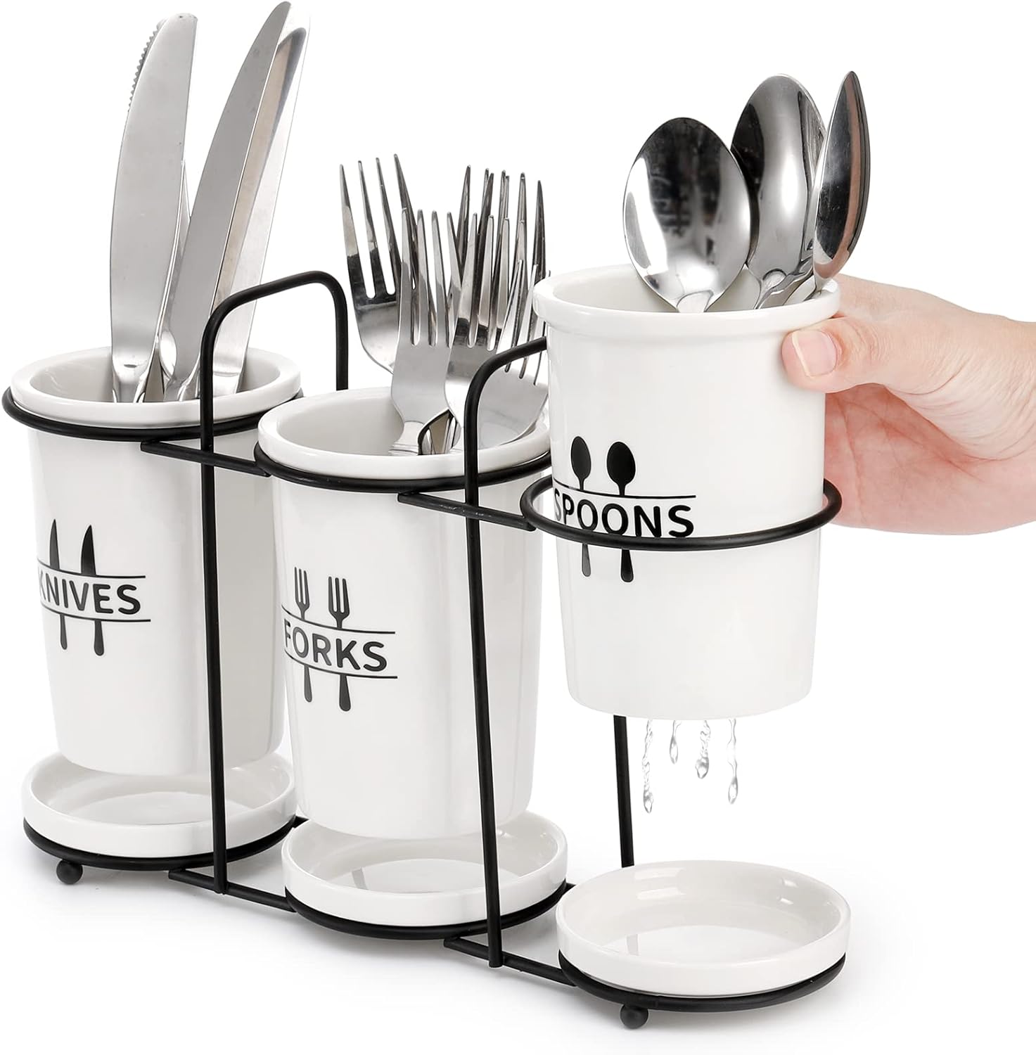 Fasmov Flatware Holder, 3-Piece Silverware Utensil Holder Ceramic Flatware Caddy with Metal Rack, Flatware Caddy White Ceramic Cutlery Organizer for Forks, Spoons, Knives