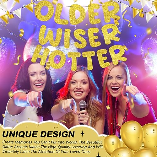 Image of Fulmoon Set of 3 Pre Strung Older Wiser Hotter Glitter Banner Funny Birthday Banner for Women 30th 40th 50th 60th 70th 80th Birthday Party Decorations Sign Gift(Gold)