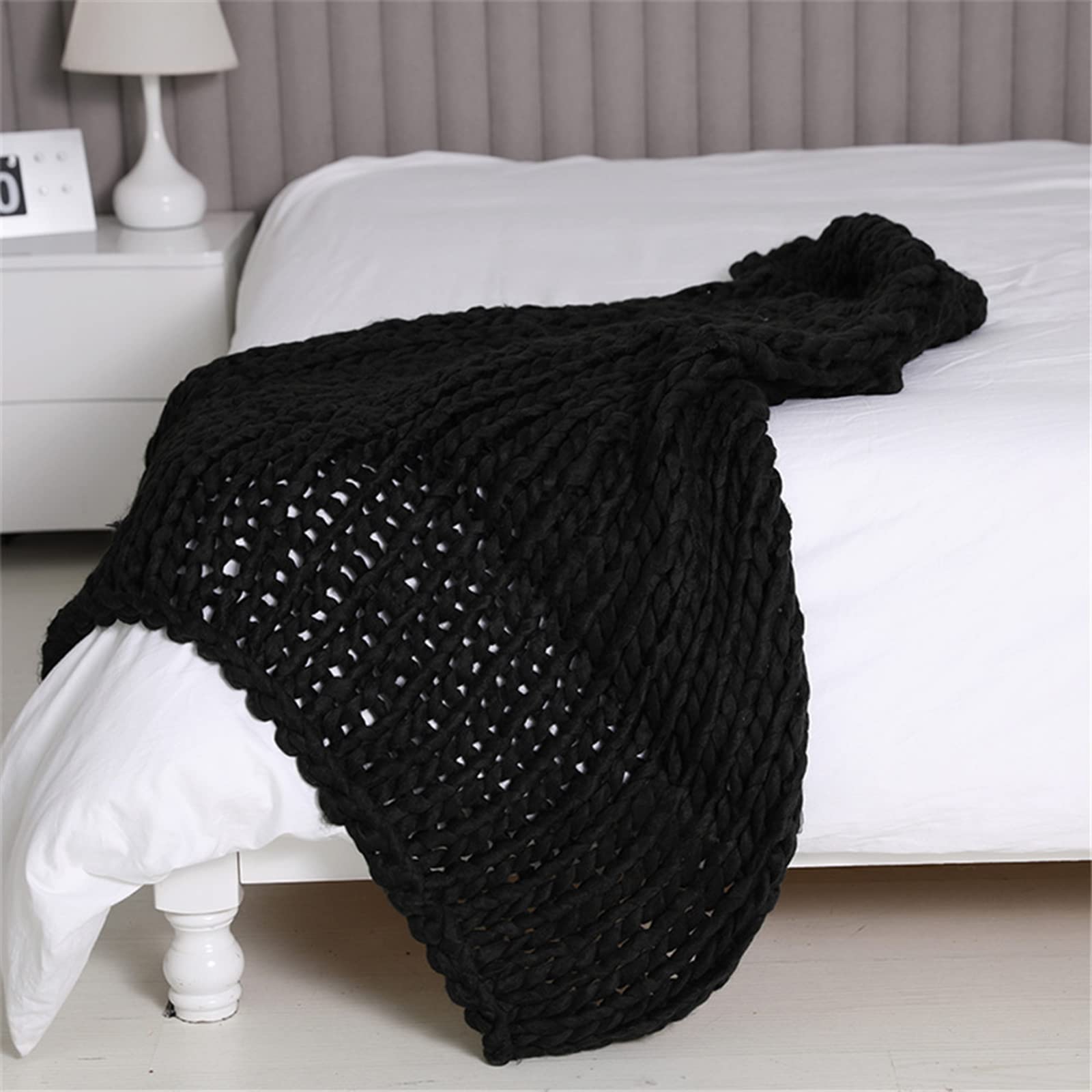 Manta de Hilo de Lana de Punto Grueso Tiro de Cama Suave Mantas Tejidas para Sofá de Dormitorio Alfombra Grande Hecha A Mano para Decoración del Hogar,Negro,130x170cm/51.1x66.9in