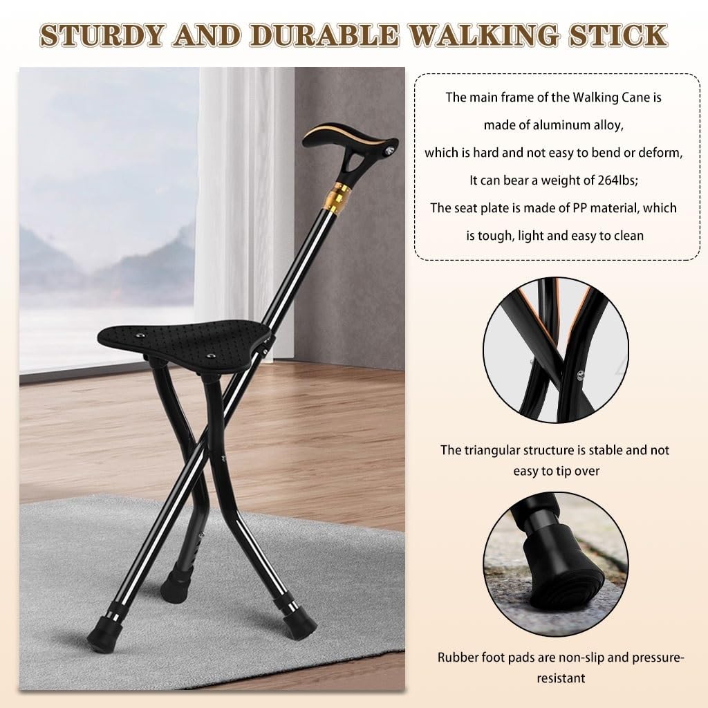 Silla Plegable, Taburete de bastón con luz LED y Alarma, 5 Marchas, Altura: 24 x 80-90 cm, Color Negro