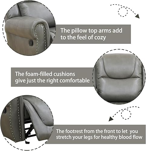 Miniatura 3 de Juego de sofá reclinable de cuero, juego de muebles de sala de estar, juego de sofá de cuero reclinable con ribete de remaches con portavasos (juego