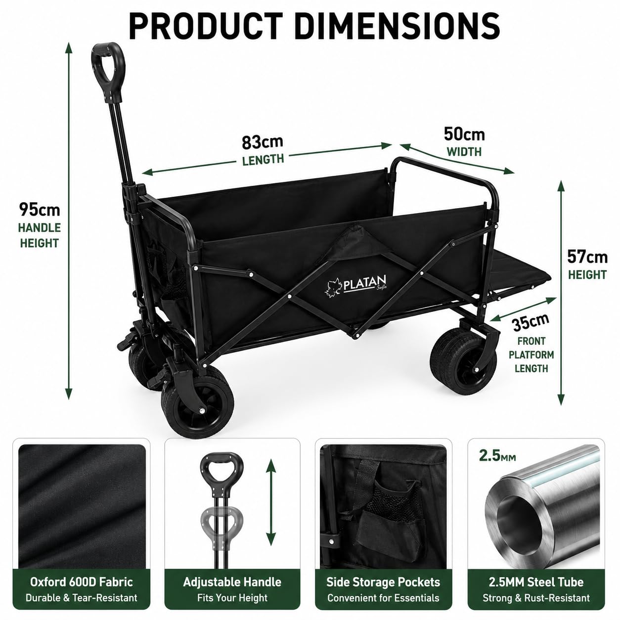 Bollerwagen 120L XXL Klappbar Geländereifen mit Hecktür | Strand- & Gartenwagen, 120 kg Tragkraft, klappbar, höhenverstellbarer Griff, Vorderräder 360° schwenkbar & bremsbar