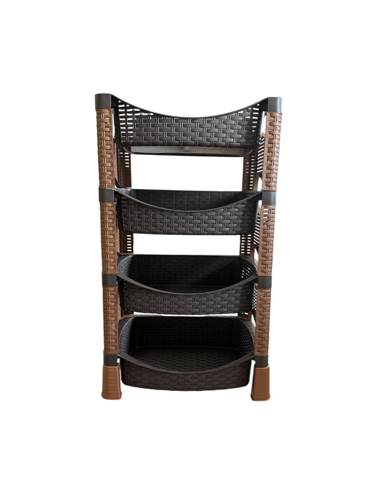 Gemüseregal mit 4 Etagen Regal – Kunststoff in Rattan-Optik – Braun/Schwarz – Stapelbares Küchenregal für Gemüse, Vorräte & mehr