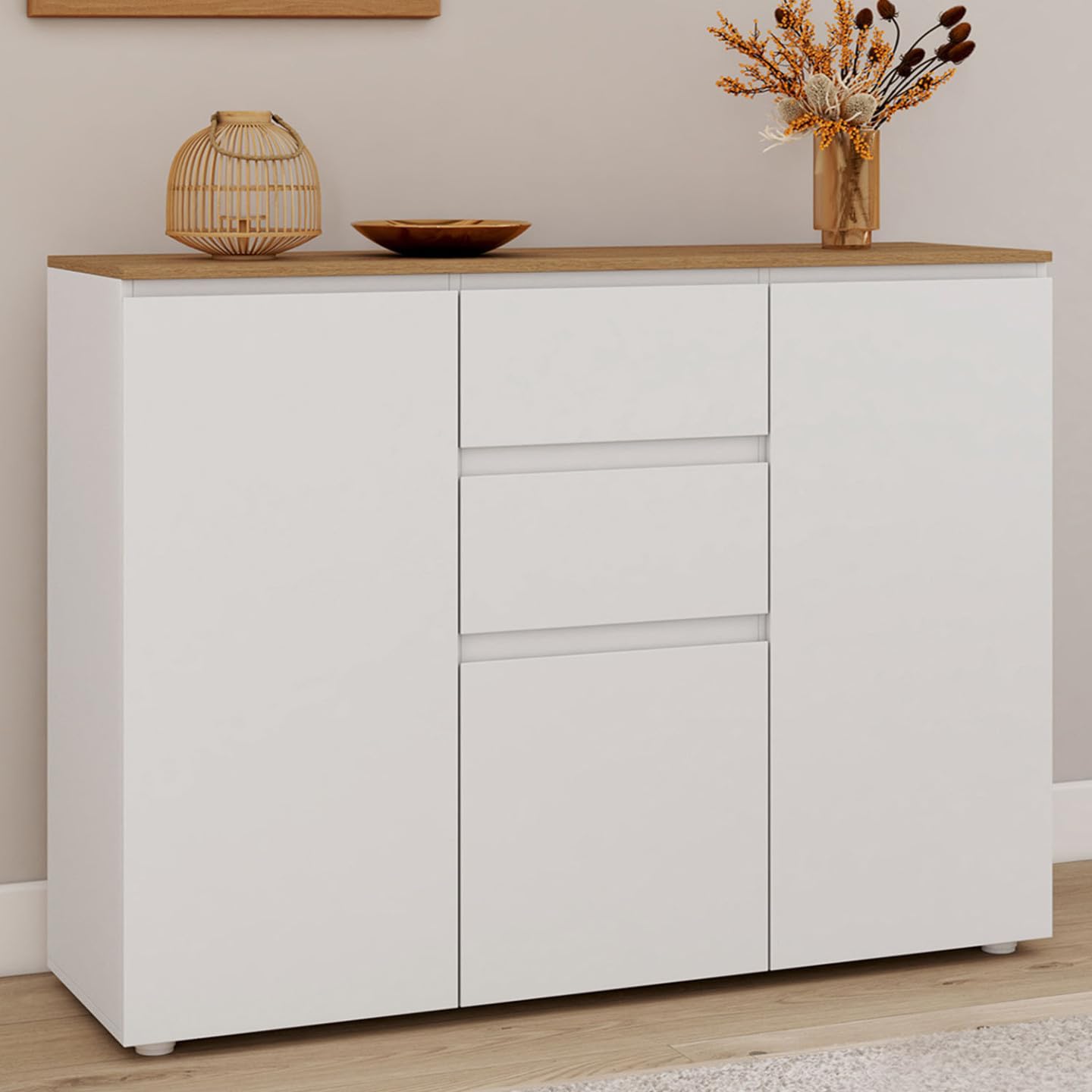 IDMarket - Aparador Toby de 100 cm, 3 puertas, 2 cajones, blanco con tablero de madera