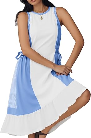 AOVDE Striped Women Dress Color Block Sleeveless Flowing Summer Drawstring Midi Knee Length Dress with Pockets for Spring
