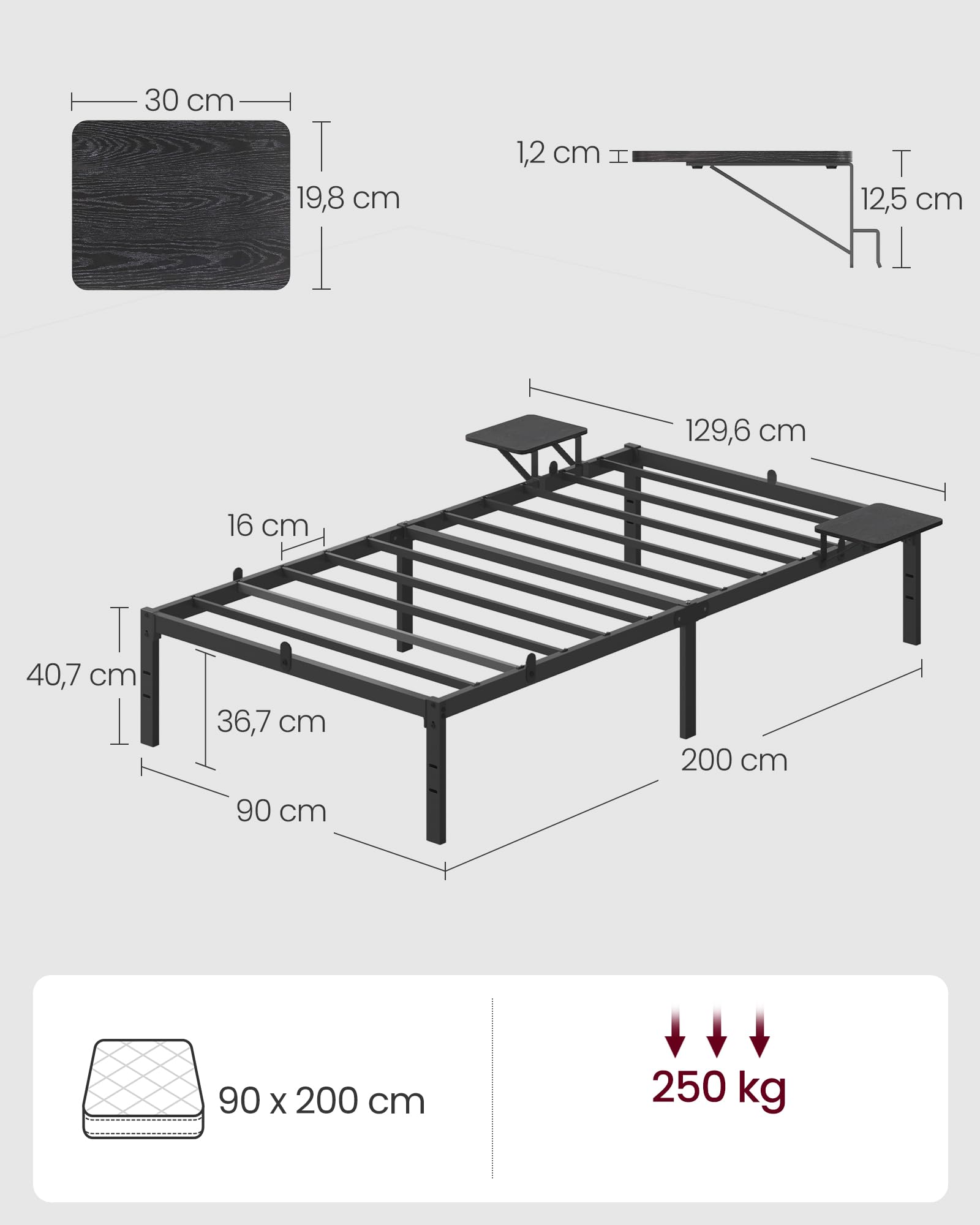 VASAGLE Cadre de Lit 90 x 200 avec Sommier Métal, Cadre en Métal avec Étagères de Rangement, Tête de Lit, pour Adolescents, Montage Facile, Noir Classique RMB092B01