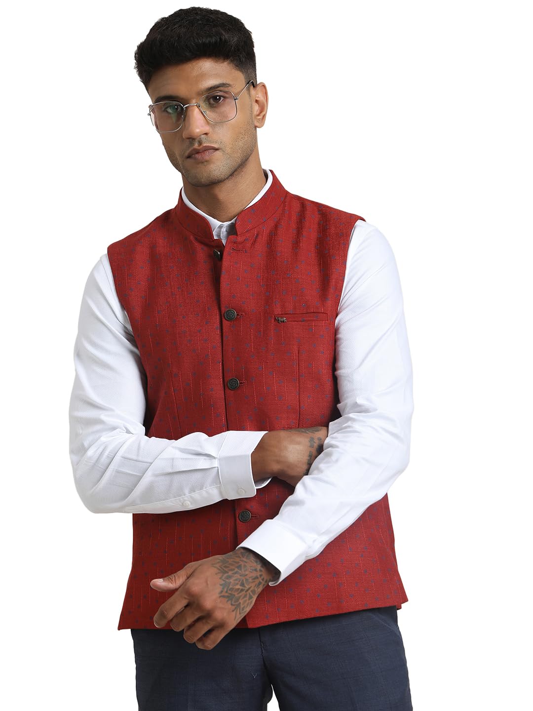 Men PolyCotton Printed Tailored Red Nehru Jacket-image-17