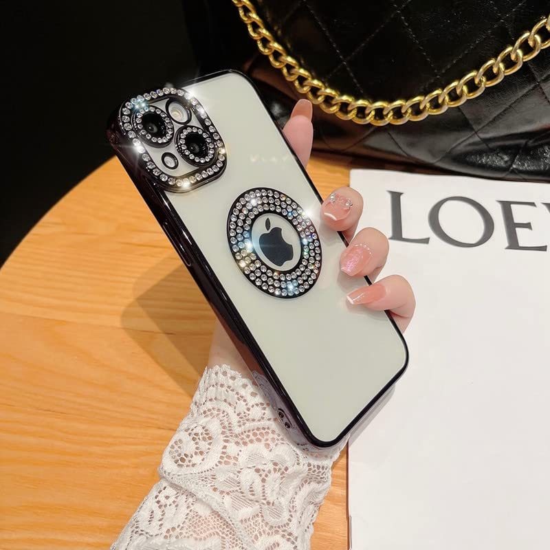 Image of LuxuryKase Sparkling Crystal Clear Case for iPhone 14 | Logo Cut | Soft Protective TPU Case | Diamond Camera Lens Protector - Black