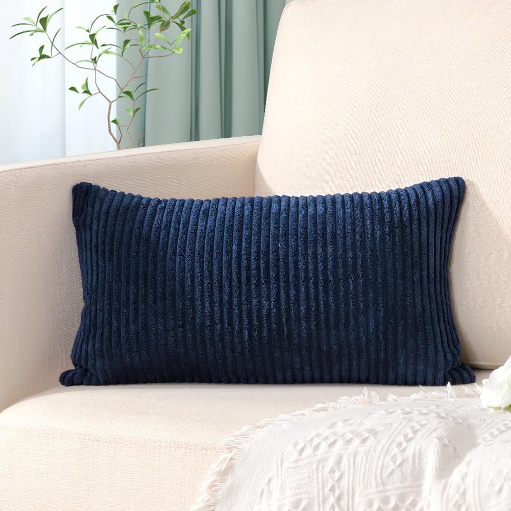 Artscope Cozy Striped Corduroy Pillow Covers Super Soft Decorative Square Throw Pillow Covers Case Cushion Covers for Sofa Couch Bedroom Car Decor 16 x 24 Inches, Navy Blue image 3