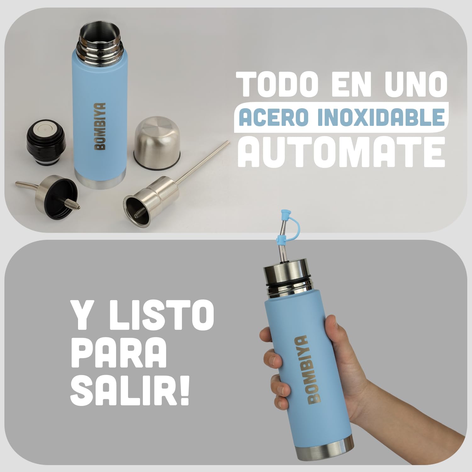 Mate listo 750ml con todas sus partes de acero inoxidable – Termo mate 2 en 1 cambiando su tapa es un termo clásico – Automate para tus mates argentinos o terere (Celeste) — view 3