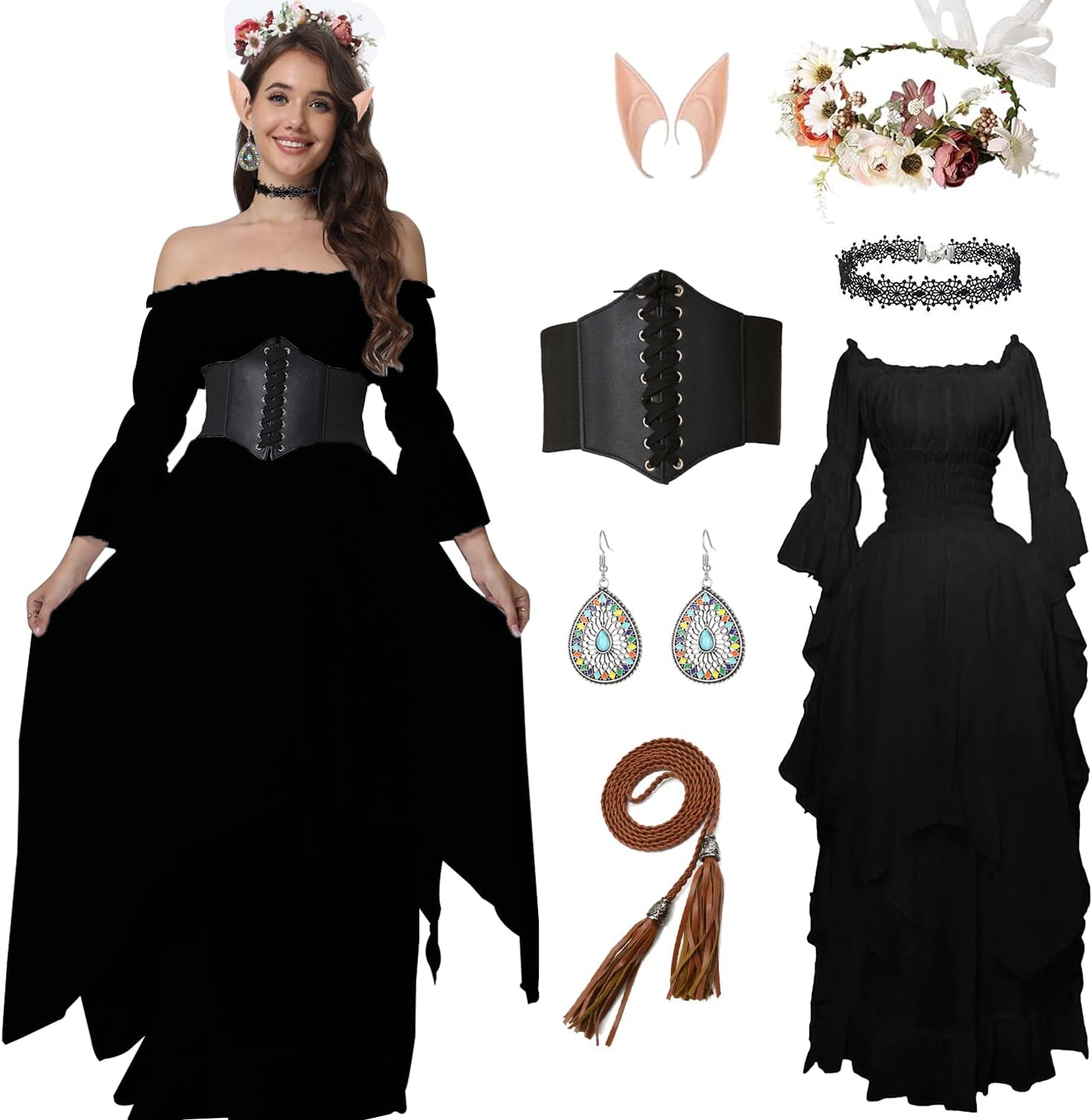 PYAEAS 7 PCS Vintage Medieval Victorian Fairy Dress Women Halloween Irish Costumes Renaissance Chemise Midi Dresses Set