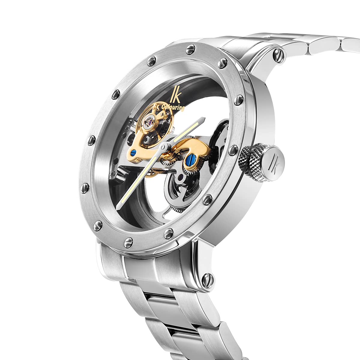 Alienwork IK Automatikuhr Armbanduhr Herren Damen Silber Edelstahl Metallarmband Skelett Glasboden
