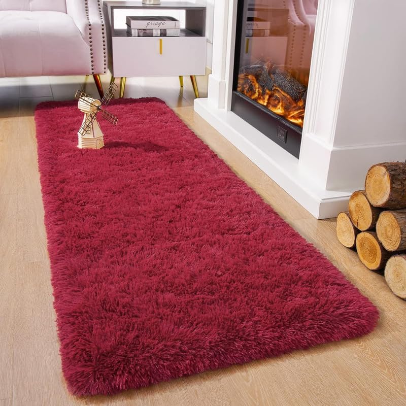 Image of Upgrade Rugs for Bedroom Indoor Floor Carpets Anti Skid Handwoven Solid Plain Shaggy Rugs High Pile, Floor Carpets for Home Size 2x5 Feet Runner Color Red