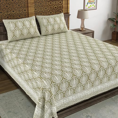Image of BLOCKS OF INDIA Hand Block Printed 200 TC Cotton Super King Size Bedsheet (Green Pine Tree)