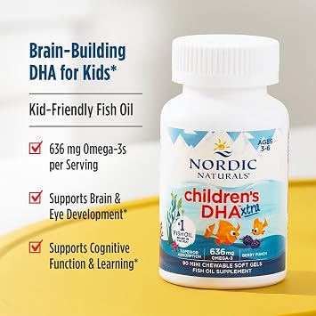 Nordic Naturals Childrens DHA Xtra, Berry Punch - 90 Mini Chewable Soft Gels for Kids - 636 mg Omega-3s EPA & DHA - Cognitive & Immune Function, Learning, Social Development - Non-GMO - 30 Servings | Mini chewable soft gels with delicious berry punch flavor. Kids can swallow or chew. 636 mg omega-3s. 90 count. 30 servings.