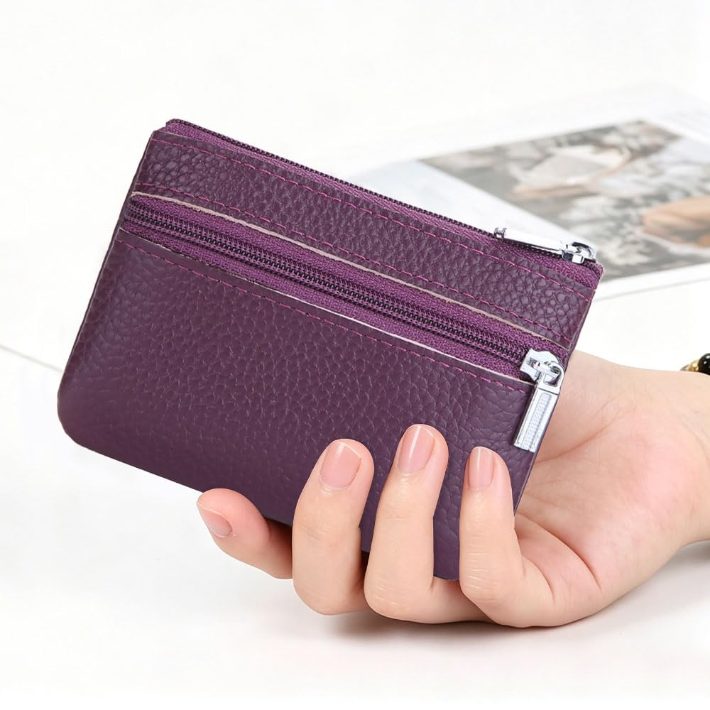 Petit Porte-Monnaie Cuir Véritable Femme, Violet Porte-Monnaie Mini Pochette Portable avec Porte-clés et 2*Compartiments, Mini Coin Purse Wallet pour Femme Homme