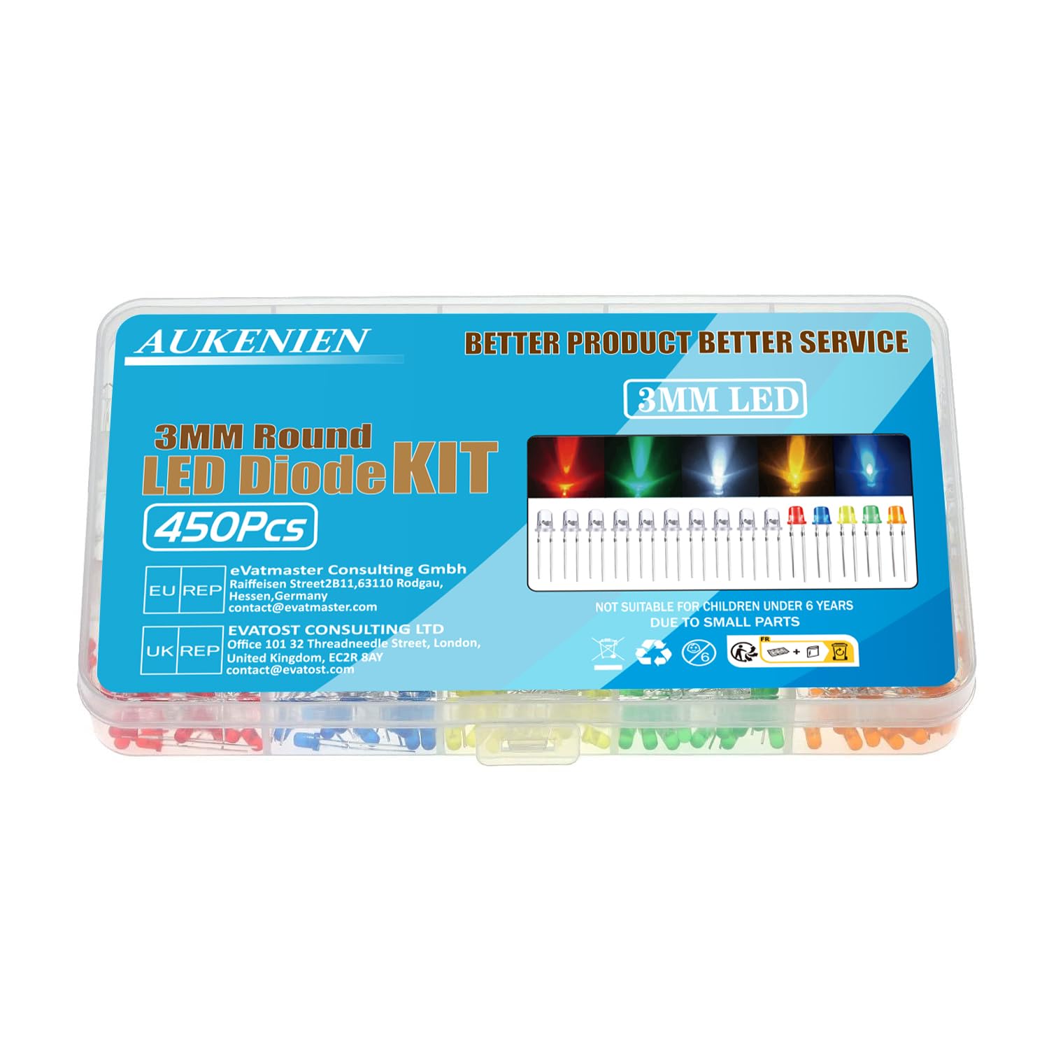 AUKENIEN 15 kolorów, 450 szt., 3 mm diody LED, zestaw, czerwony, niebieski, żółty, zielony, ciepły, biały, pomarańczowy, różowy, fioletowy, okrągła, przezroczysta żarówka LED do elektroniki
