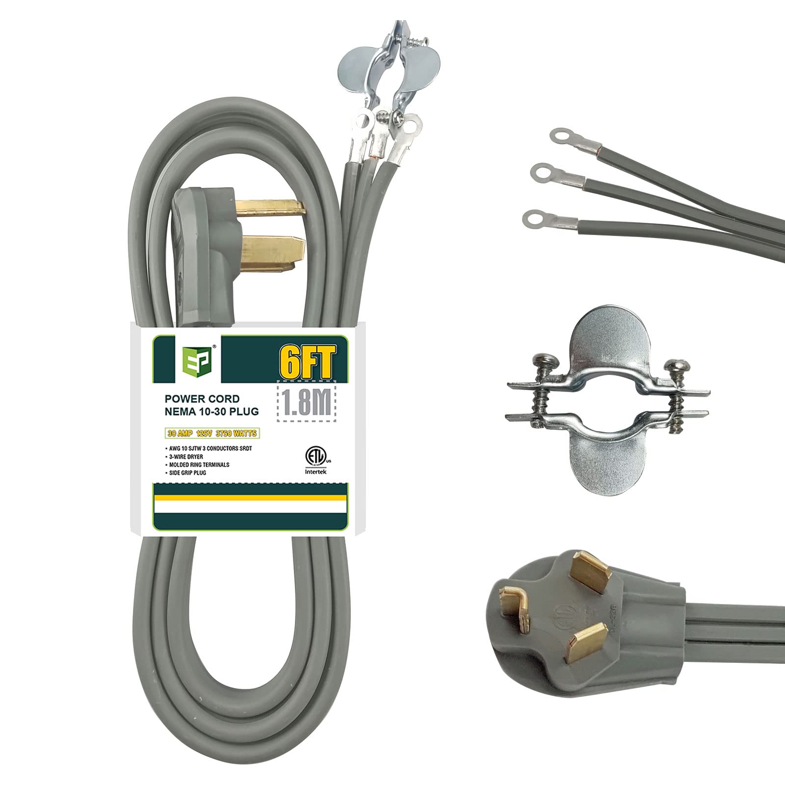 EP 3 Prong Dryer Cord, 6 Ft 10/3 SRDT, 30 Amp Appliance Extension Power Cord, NEMA 10-30, Gray