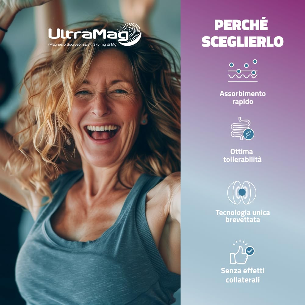 UltraMag®, Integratore di Magnesio Sucrosomiale® 375 mg, Alto assorbimento, Alta tollerabilità, Riduce stress e affaticamento, Stanchezza fisica e mentale, Senza glutine, 20 +20 bustine, Pharmanutra