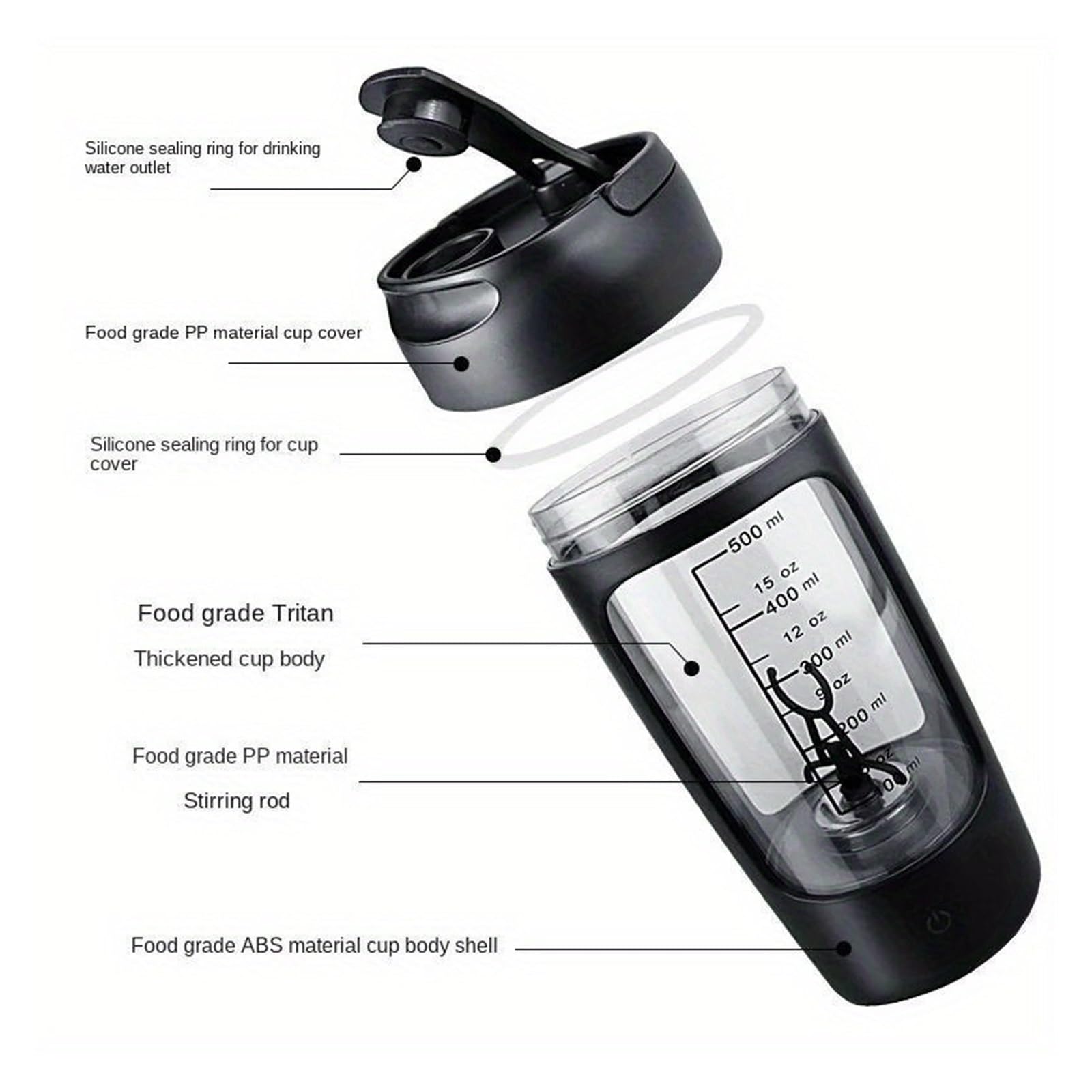 Compatible avec la tasse de mélange poudre protéines 500ML, mélangeur automatique bouteilles, lait et café, bouilloire for salle sport en plein air(Black)