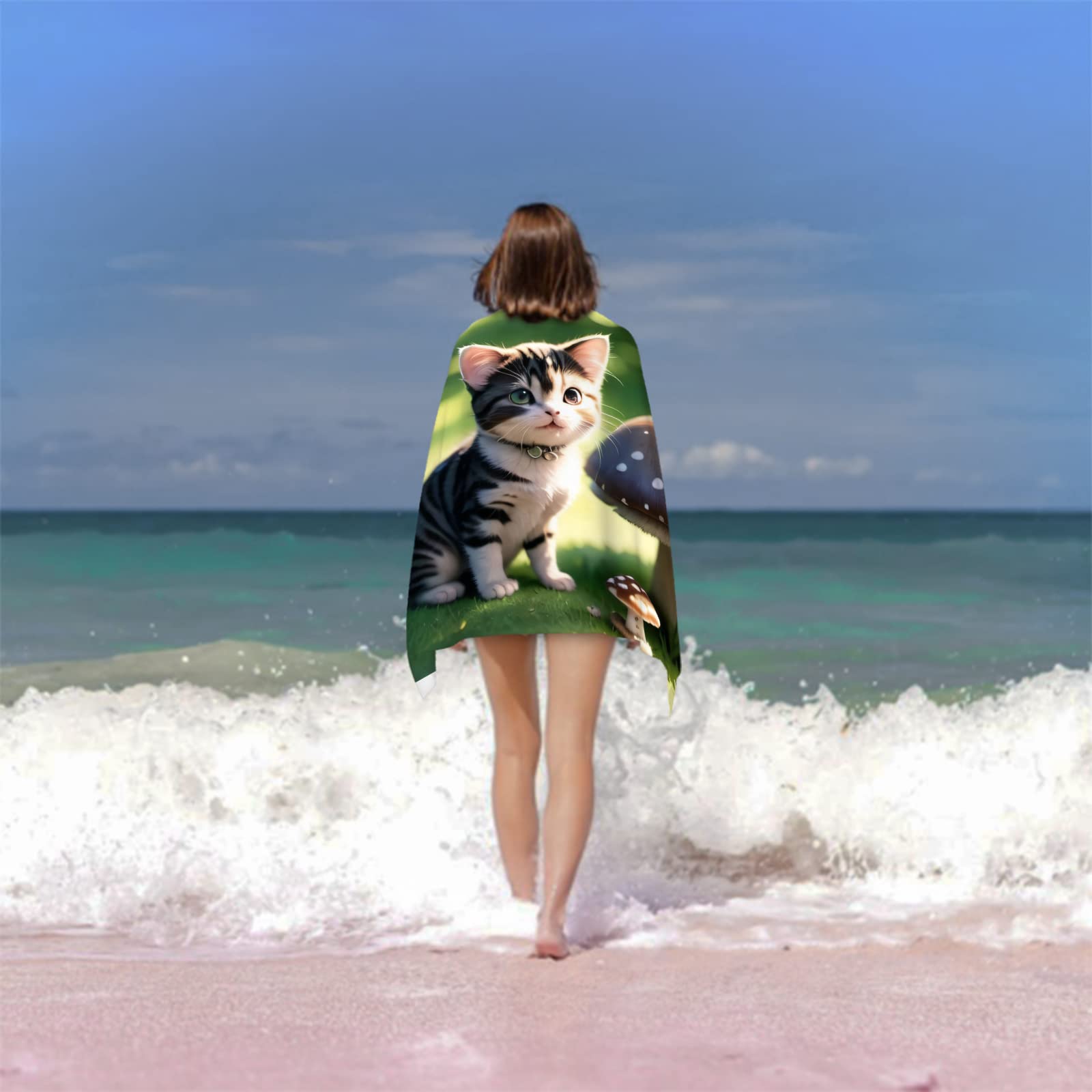 Serviette de Plage 100x200 Chat 3D, Femme Homme, 3D Mignonne Serviette de Bain Grande Microfibre Séchage Rapide Absorbant Drap de Plage pour Bain Voyage Camping