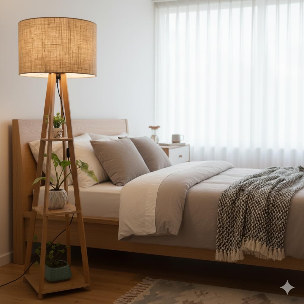 60" Modern Wooden Floor Lamp with Shelves for Living Room & Office | Multi Tier Storage Stand for Plants, Books & Decor, LED Compatible Standing Light | Space Saving Home Lighting Fixture