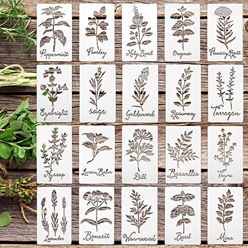 Jecery 20 Pcs Herb Stencils for Craft, Reusable Plastic Garden Kitchen Plant Floral Botanical Painting Stencils for Craft Painting Art DIY Scrapbook Wall Floor Home Decor(7.87 x 4.72 Inches)
