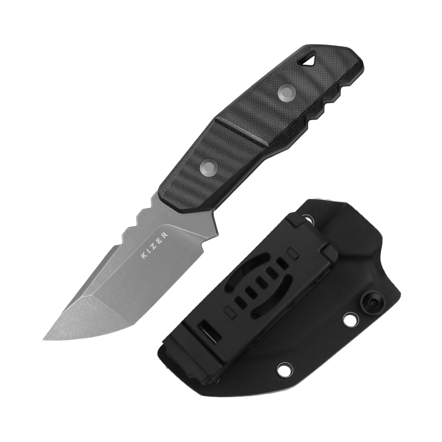 Kizer Quartz Survival Outdoor EDC Messer mit Tanto AEB-L Klinge, 1086A2 | 8cm Feststehende Klinge Jagdmesser mit Schwarzem G10-Griff, 3D-Anti-Rutsch-Riffelung Bushcraft Messer mit Kydex-Scheide