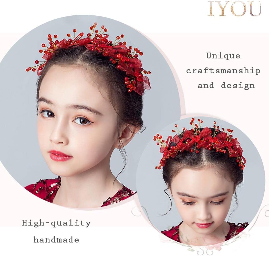 IYOU Floral Wedding Headpiece Red Crystal Bowknot Hair Dress Princess Flower First Communion Tiaras Hair Accessories for Flower Girls and Bridesmaid - Image 3