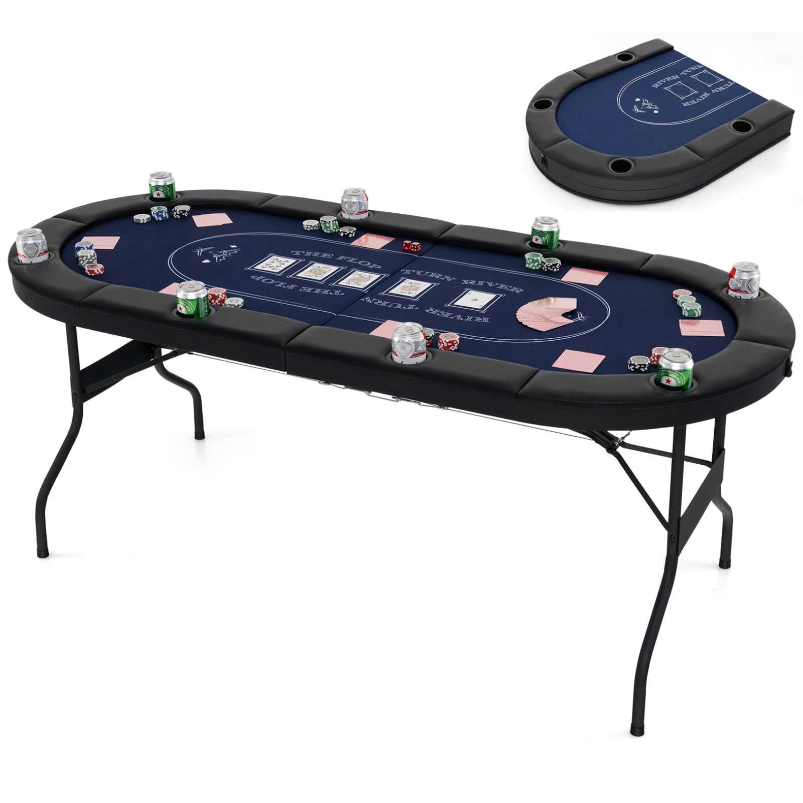 Maxmass 8 Player Folding Poker Table, 182cm/72 Inches Portable Casino Card Game Tables with Metal Cup Holders, Padded Railings, Blackjack Texas Holdem Table for Gatherings Parties (Black+Blue)