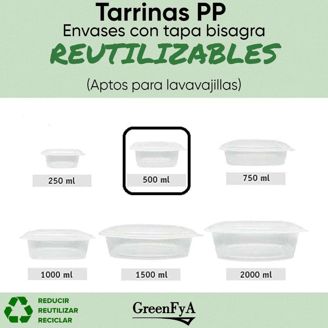50 Tapers para Comida Hermetico de Plástico PP Reutilizables con Tapa Bisagra. Apto para Microondas, Congelador y Lavavajillas. Tuppers para Alimentos Calientes o Fríos (500ml) - 2