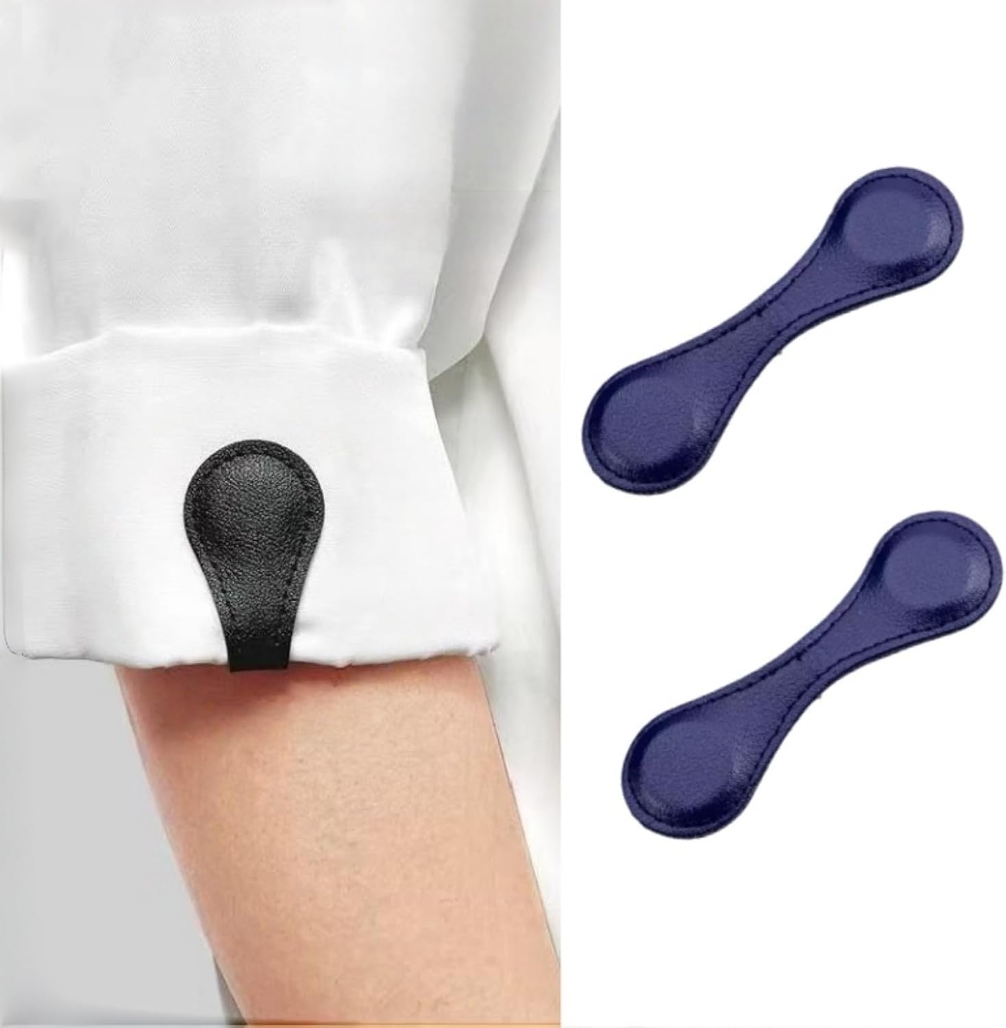 2 Pack Leather Magnetic Shirt Sleeve Clips, Multi-use Magnetic Clips for Clothes, Reusable Sleeve Holders for Rolled Shirt Cuffs, Pants Legs, Bookmarks(Blue)