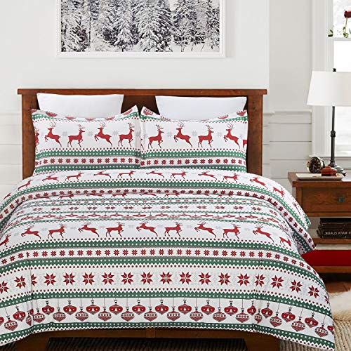 Vaulia Lightweight Microfiber Duvet Cover Set, Printed Reindeer Pattern for Christmas New Year Holidays, Red/Green - Queen 3-Piece Set