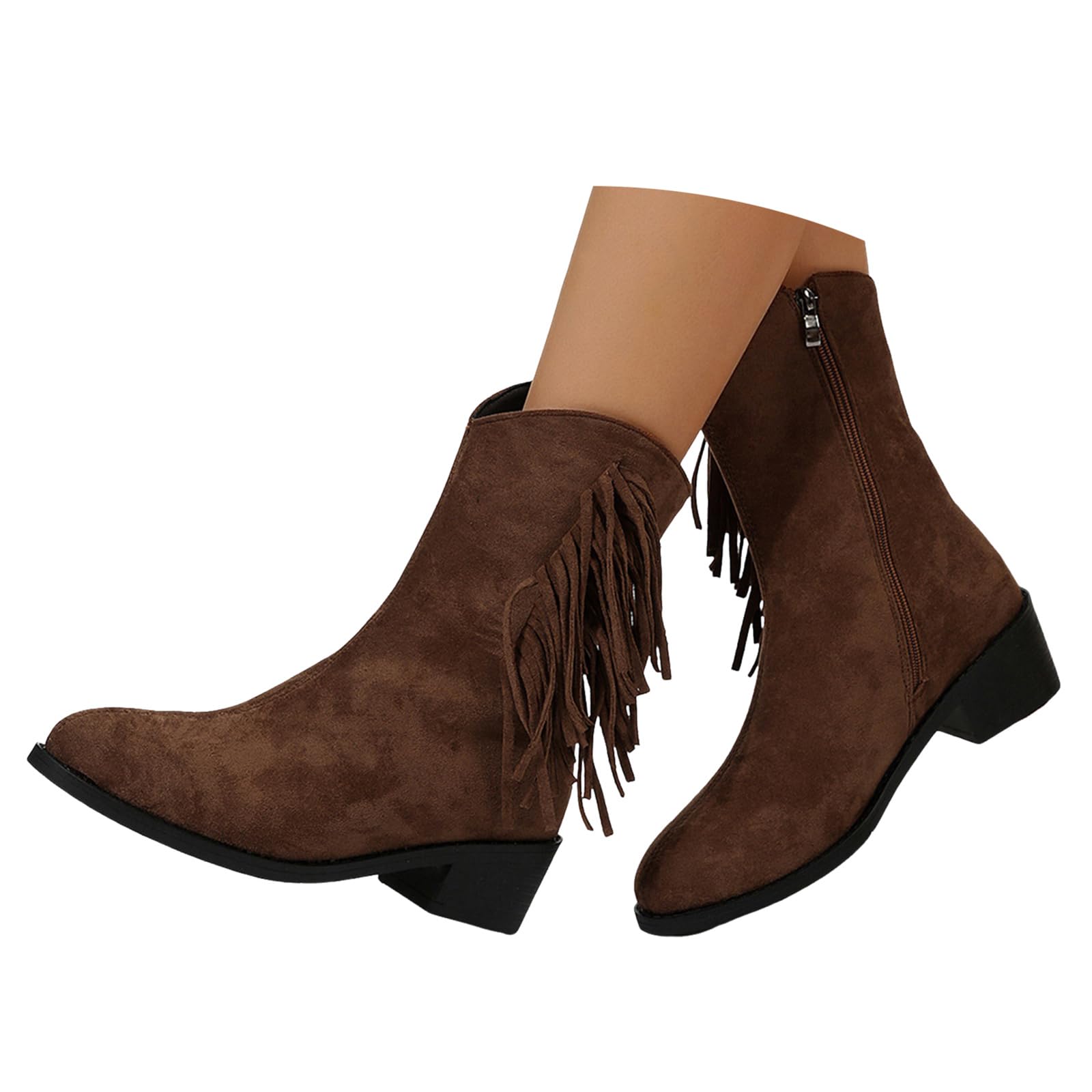 Fringe Cowboy Boots for Women Mid Calf Western Tassel Cowgirl Boots Womens Pointed Toe Chunky Heel Side Zipper