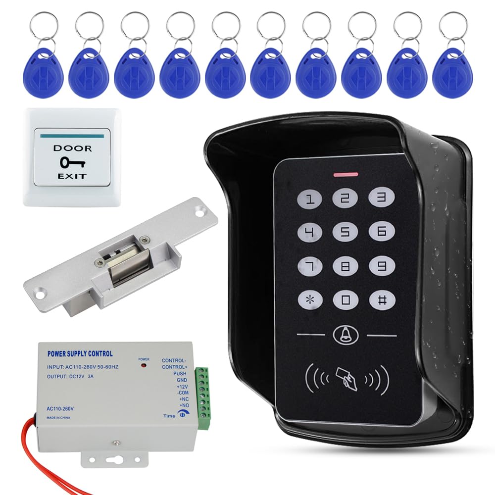 Kit sistema di controllo accessi esterni, tastiera impermeabile IP68 + copertura antipioggia + alimentatore DC12V 3A + pulsante di uscita in acciaio inox + 10 portachiavi + serratura