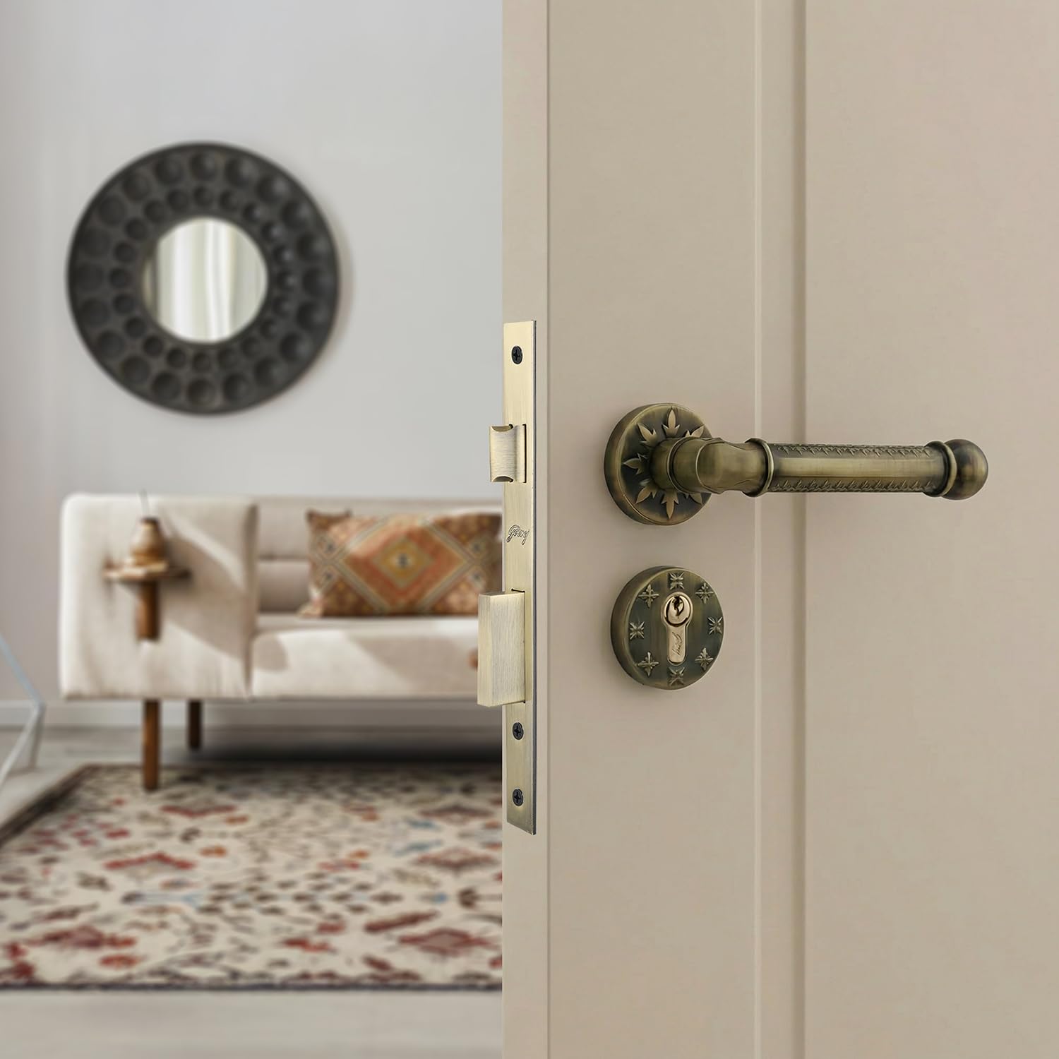 Godrej Mortise Lock | Handle Lock Set for Main & Bedroom Door| Arsa Kalasam Rose Handle | 240 mm Eco Lock Body | 70 mm Eco Pin Cylinder 1CK | Antique Brass| 5 Year Warranty-image-18