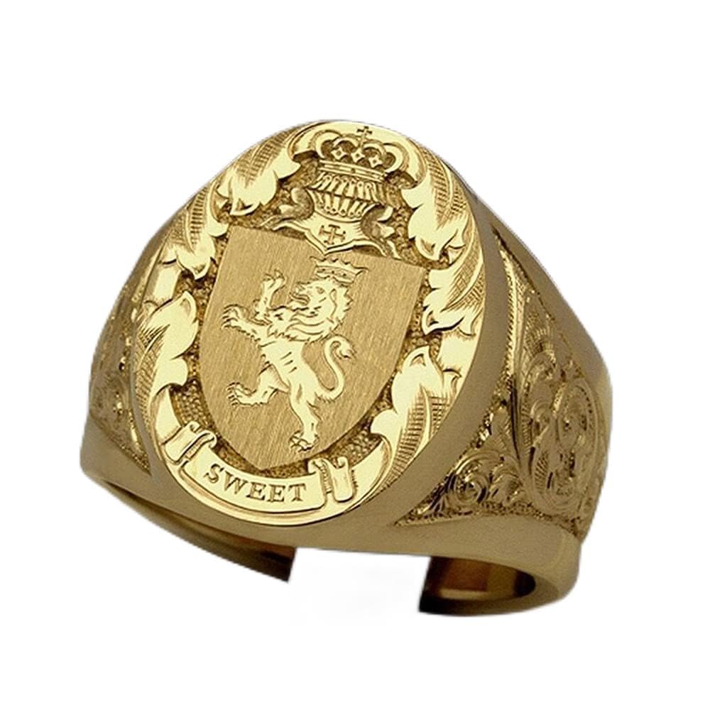 HaoMo 925 Sterling Silver Plated 18K Yellow Gold Men's Crown Lion Shield Badge Royal Seal Animal Pattern Hip Hop Cocktail Party Ring Gift for Men Size 7-12 HM021 (12)