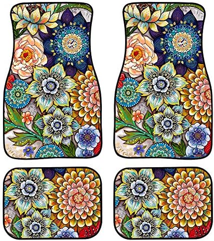 TOADDMOS Decorative Boho Floral Print Car Floor Mats Front & Rear Liners Set,Universal Fit Auto Carpet Floor Mats Set of 4 for Women Girls