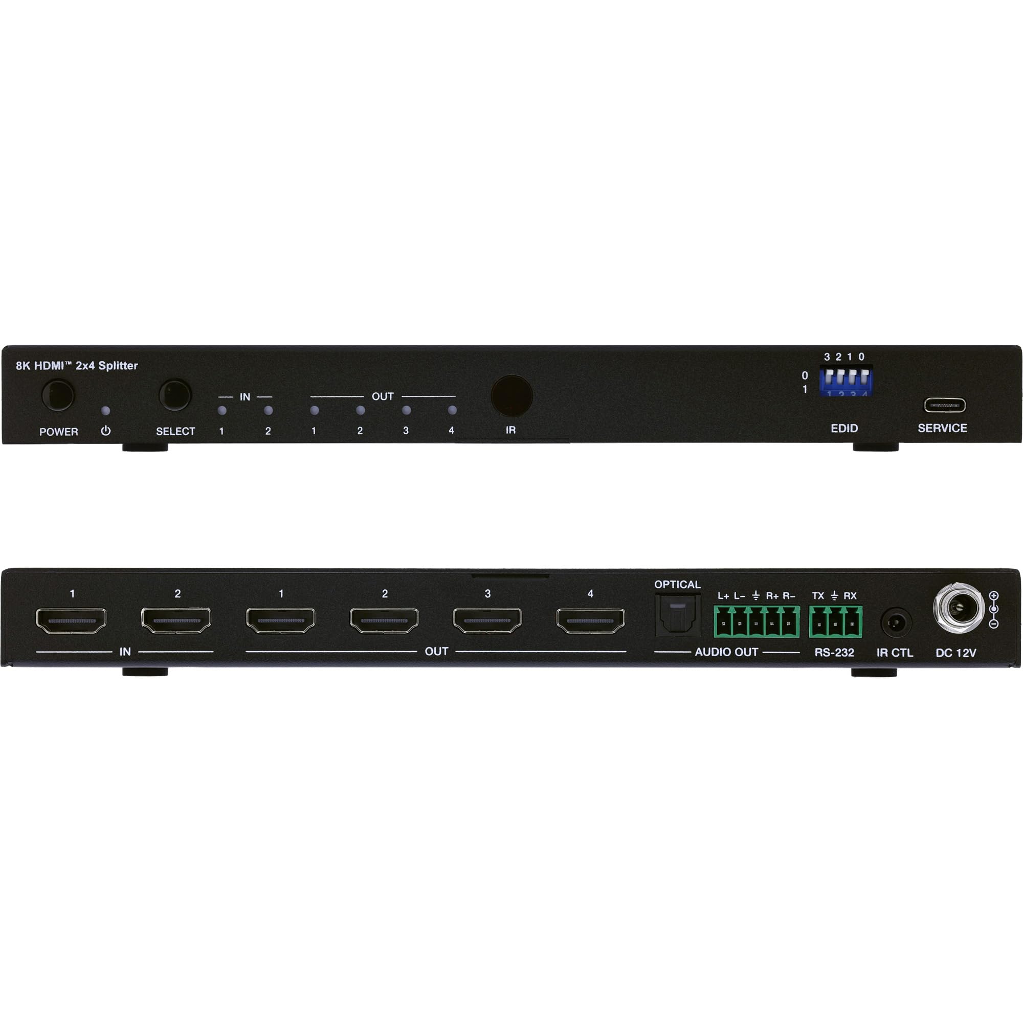 Inline Splitter HDMI 2x4, 8K 60Hz, 4K 120Hz, HDMI 2.1 | 2 HDMI su 4 Display, 8K 60Hz, 4K 120Hz, Downscaling, Audio De-Embedding, EDID, RS232