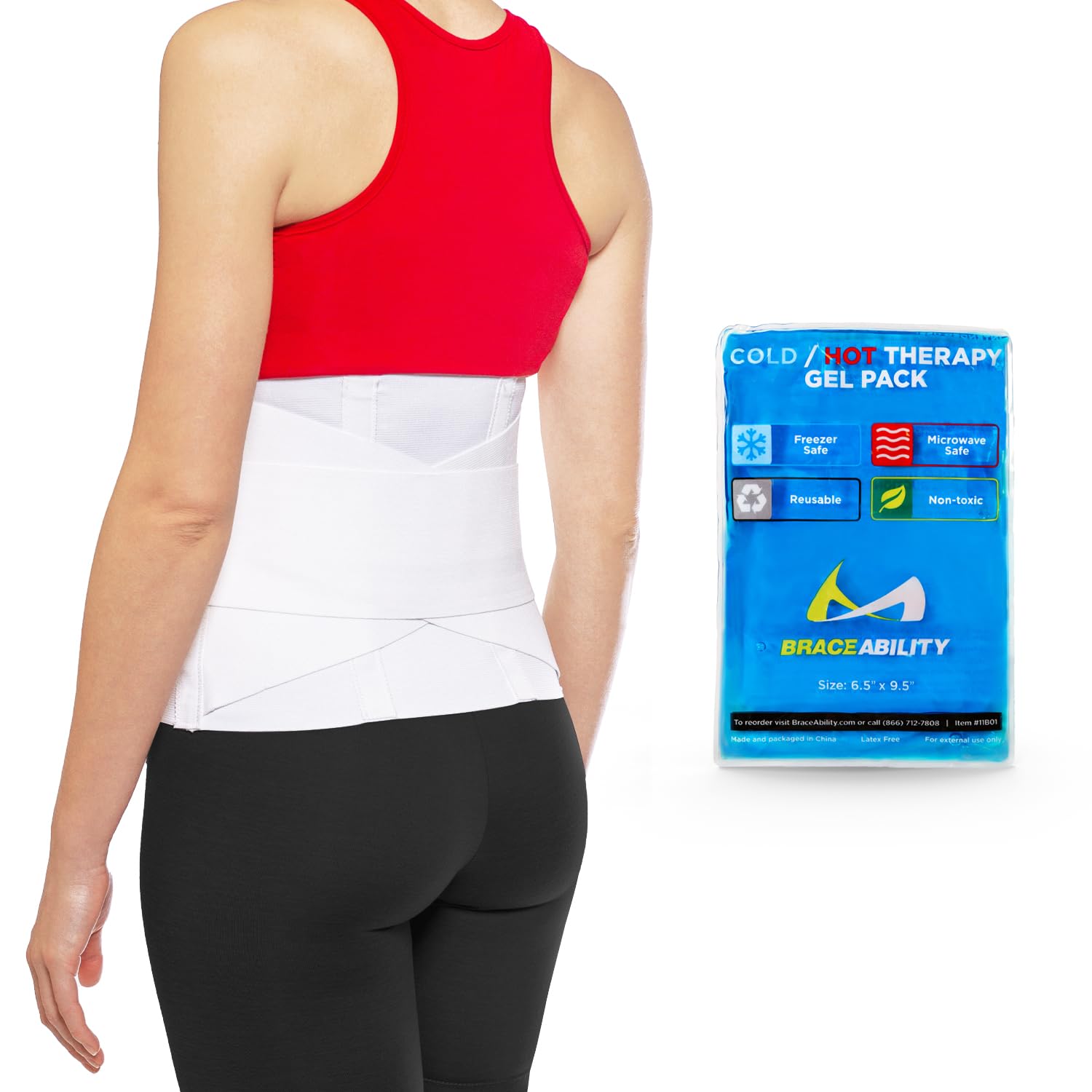 BraceAbility Women's Back Brace + Heat/Ice Pack - Lower Back Pain Relief Discreet Lumbar Support with Microwavable, Flexible Gel Compress Hot or Cold Therapy Pack (L)