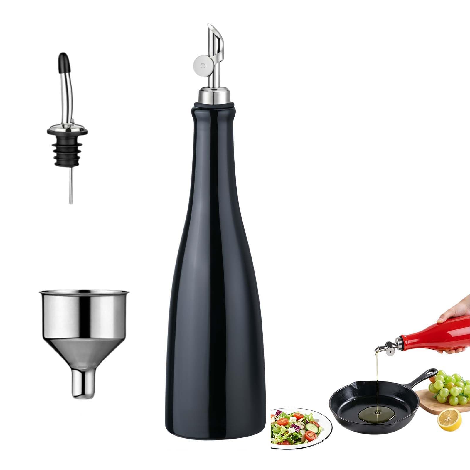 Olivenöl Flasche aus Keramik +Trichter– Ölspender mit automatischem Ausgießer ， Ölflasche mit Ausgießer öffnet sich durch Neigung und schließt tropffrei，Ideal für Essig und Öl ，470ml (Schwarz)