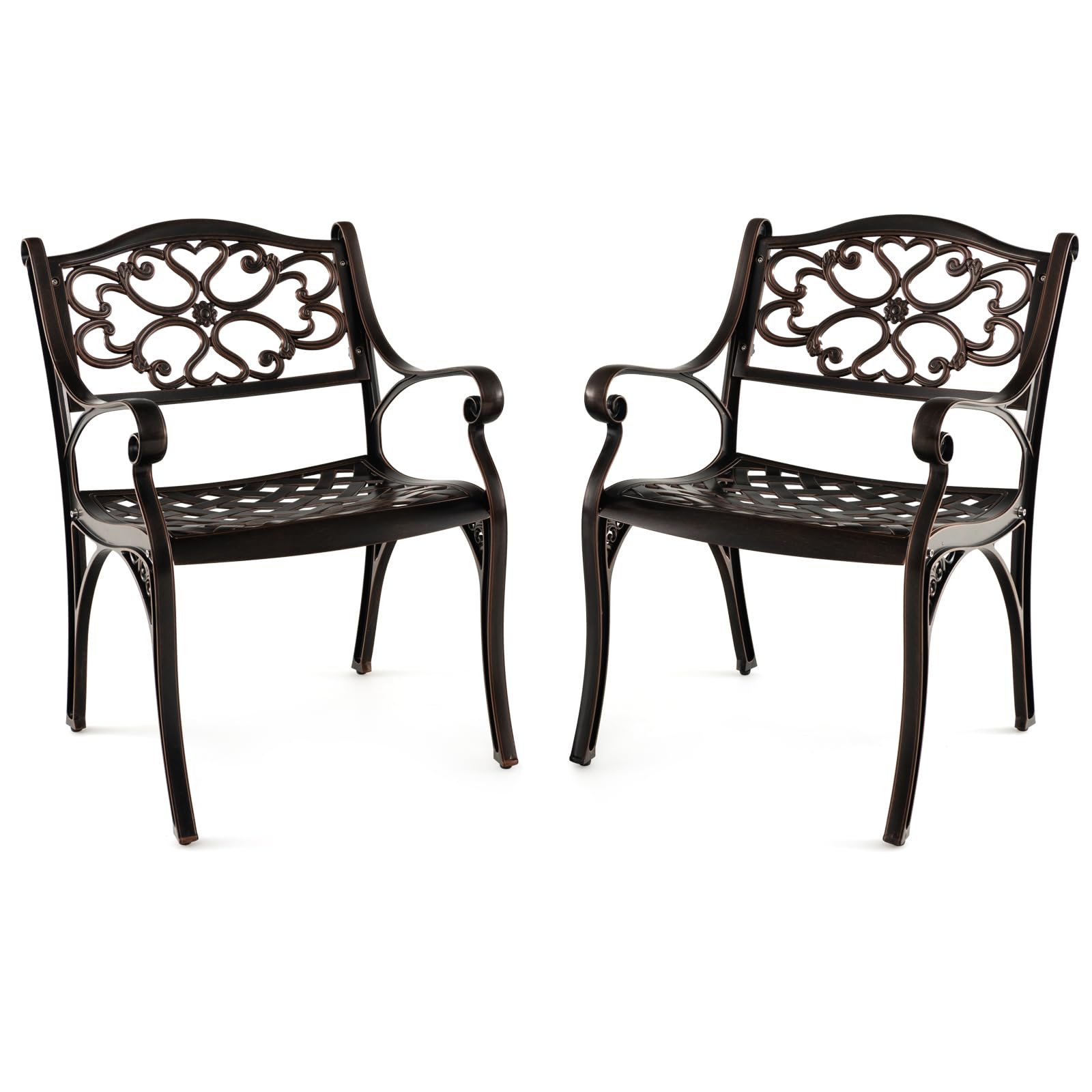 COSTWAY 2 PCS Outdoor Garden Chairs, All Weather Cast Aluminum Chairs with Armrests and Curved Seats, Patio Bistro Dining Armchair Seat for Backyard Porch Poolside (Floral Pattern)