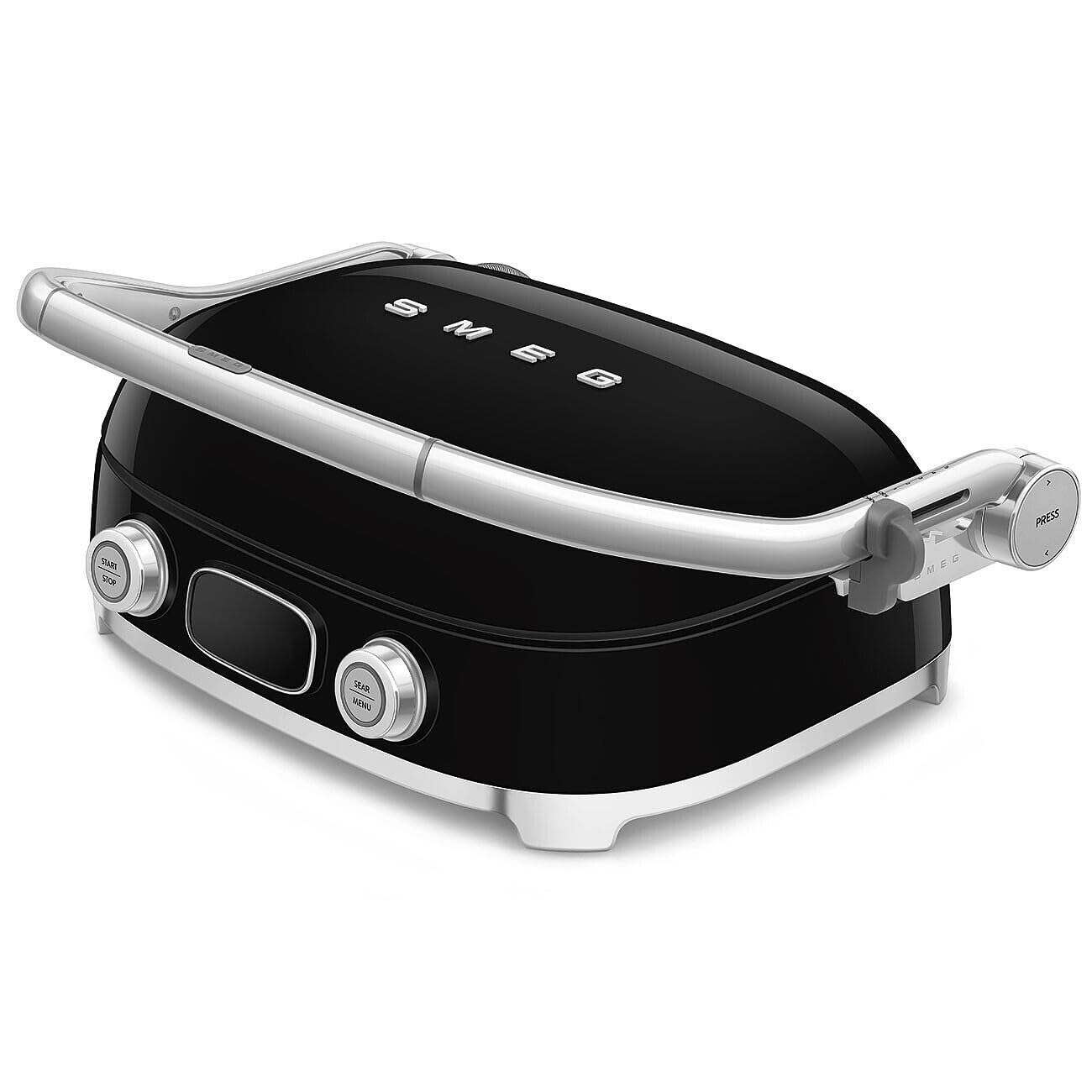 Smeg, MGF01BLEU, Grill Elettrico Multifunzione 3 in 1, Nero | Funzione SEAR, 3 Modalità di Cottura, Preset Panini, Waffle e Burger, 4 Piastre Incluse
