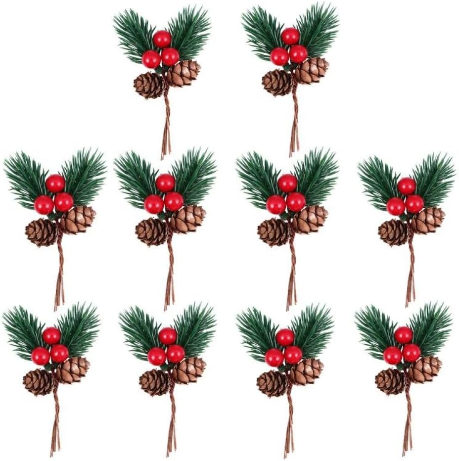 Christmas Pine Cone Picks Decorations 10 Pack Artificial Christmas Picks and Sprays Red Berry Stem Branches with Holly Leaves for Xmas Tree Christmas Wreath Decor (20)