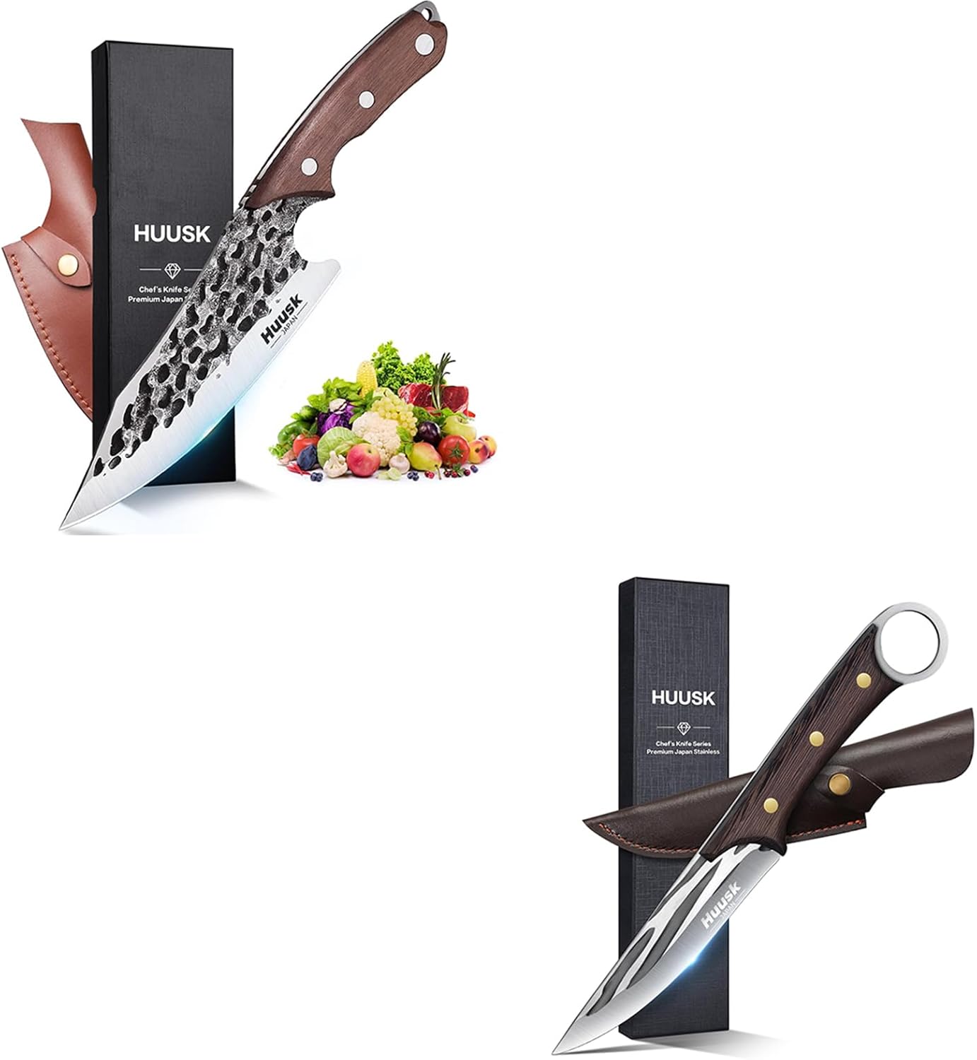 Huusk Japanese Hand Forged Boning Knives Set Cleaver Knife with Sheath for Meat Cutting